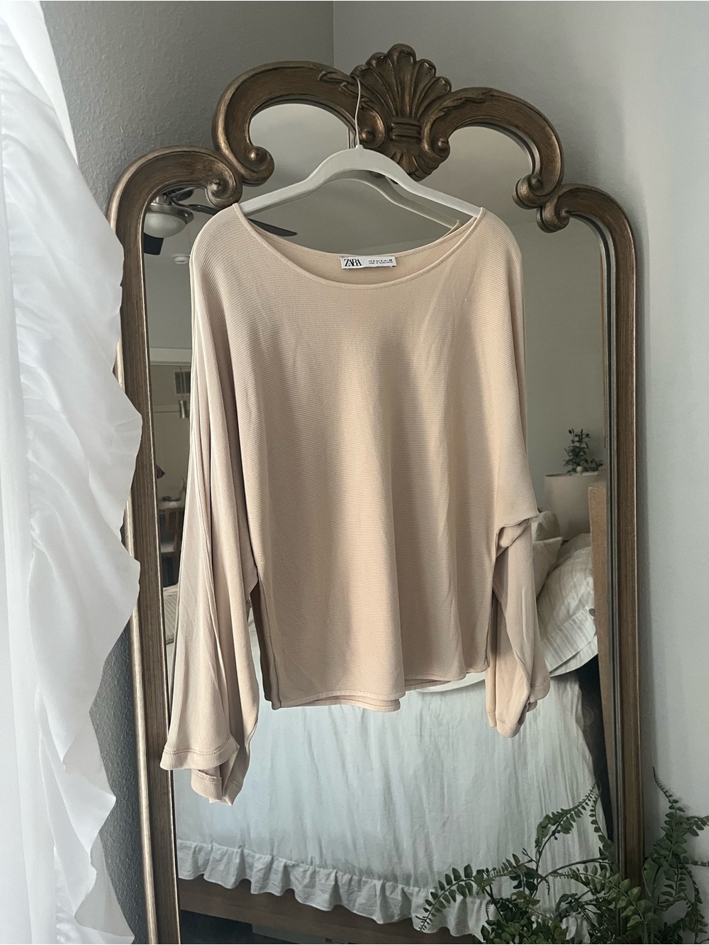 ZARA Beige Boatneck Long Sleeve Top